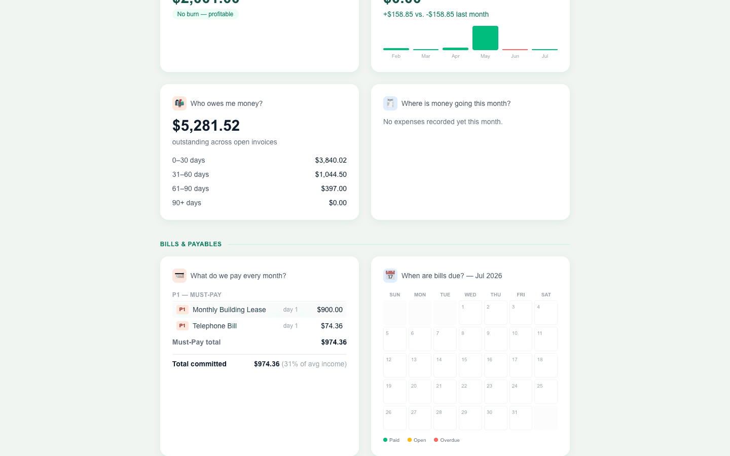 Bills and payables section showing every bill and due date